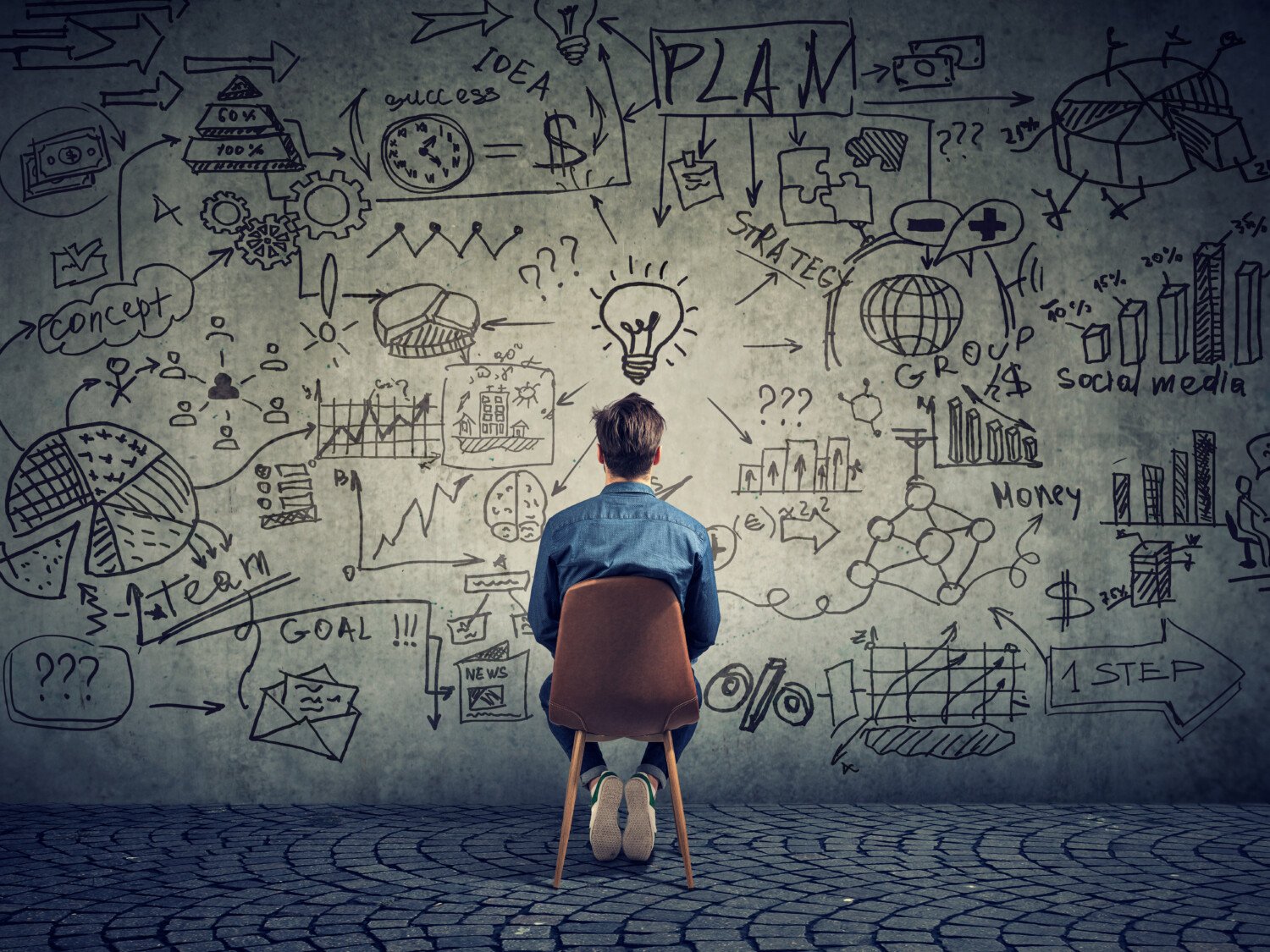 Back view of freelancer man sitting in front of wall with strategy and creating a plan.