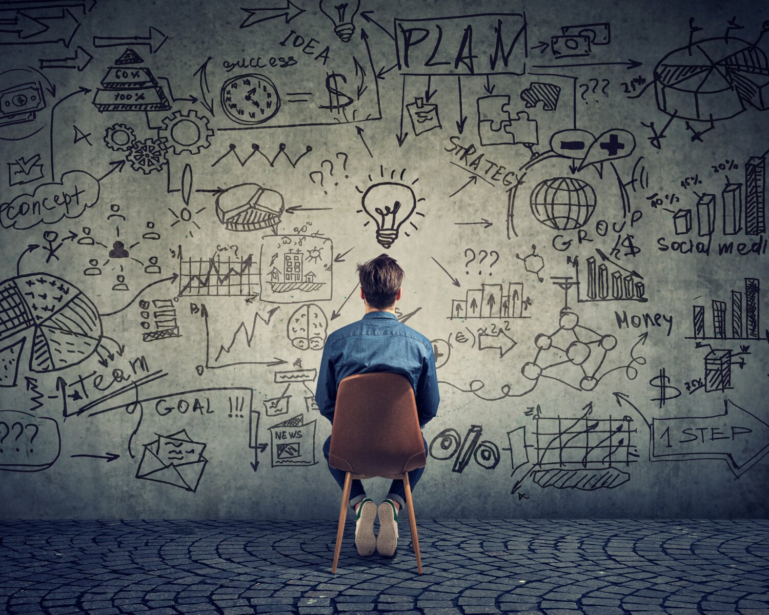 Back view of freelancer man sitting in front of wall with strategy and creating a plan.