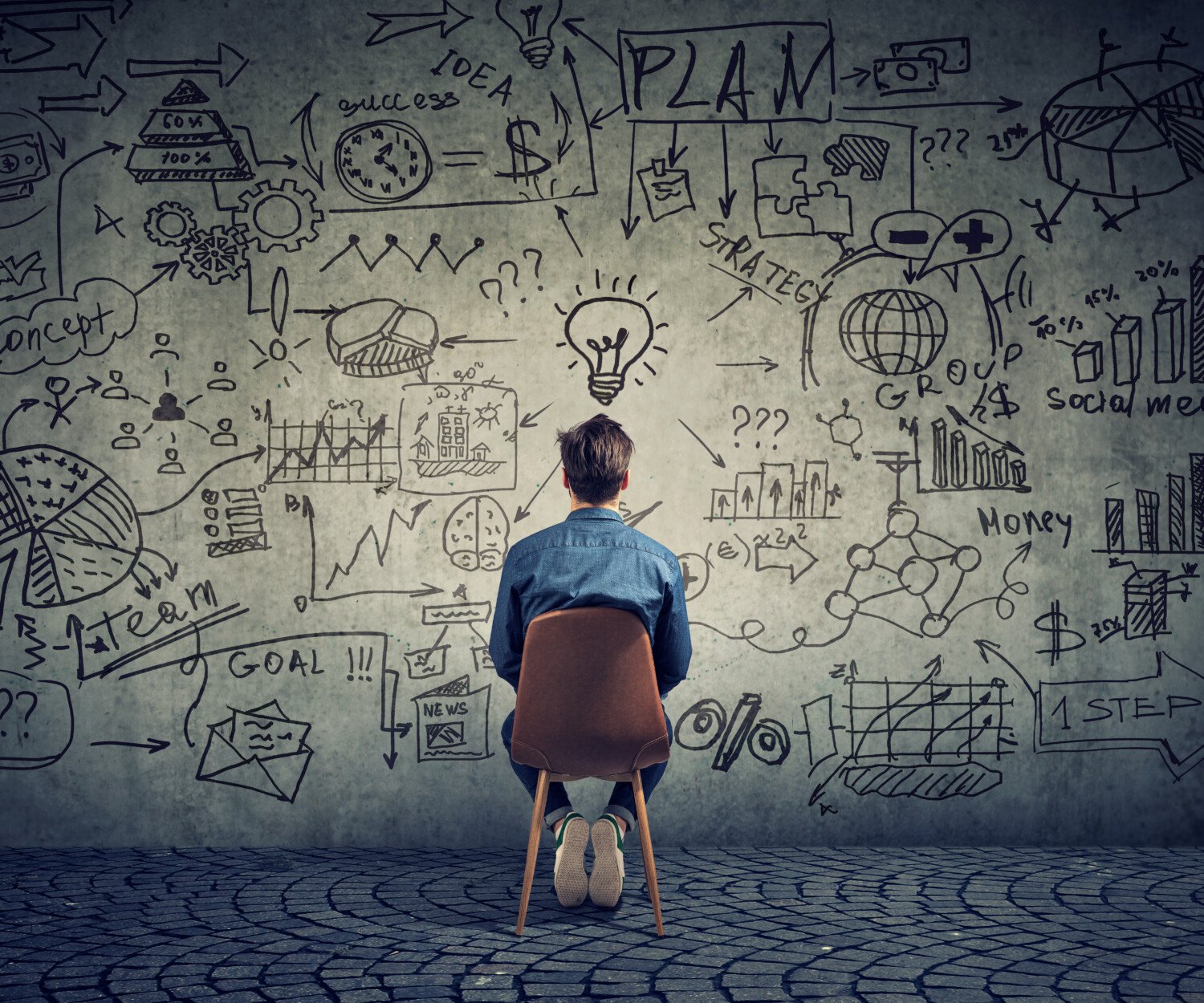 Back view of freelancer man sitting in front of wall with strategy and creating a plan.